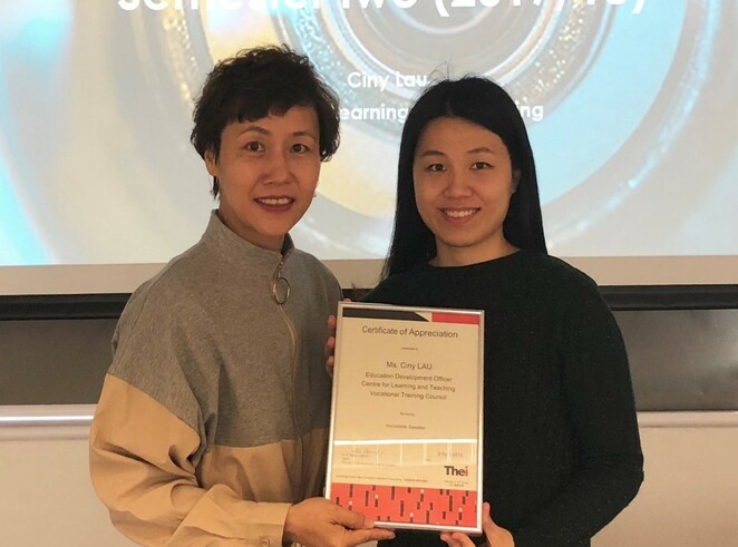 Ms. Susan Chan (left), Teaching Fellow of Public Relations and Management, Faculty of Management and Hospitality, THEi welcomes Ms. Ciny Lau, Education Development Officer (right), Center for Learning and Teaching, VTC Group.