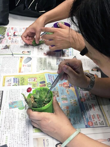 Parent learnt the planting steps and arranged the succulent plants in making a pot.