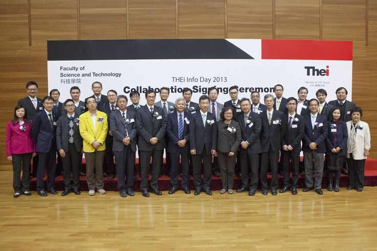 THEi hosted the MOU signing ceremony of industrial attachment with 17 companies and organisations from various sectors. (Front row: LAU Ka-keung (eighth on right), Director of Highways; Carrie YAU (seventh on right), VTC Executive Director; Professor Ronald CHUNG (sixth on right), VTC Deputy Executive Director and Professor David LIM (seventh on left), President of THEi) 