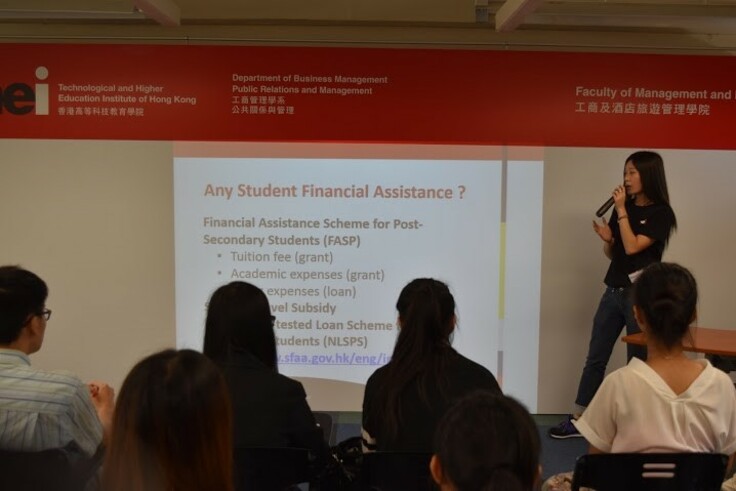 Ms. Joyce CHAN, PRM Year 3 student of Faculty of Management and Hospitality, shares useful tips about student financial assistance schemes and scholarships with interviewees in May 2016.
