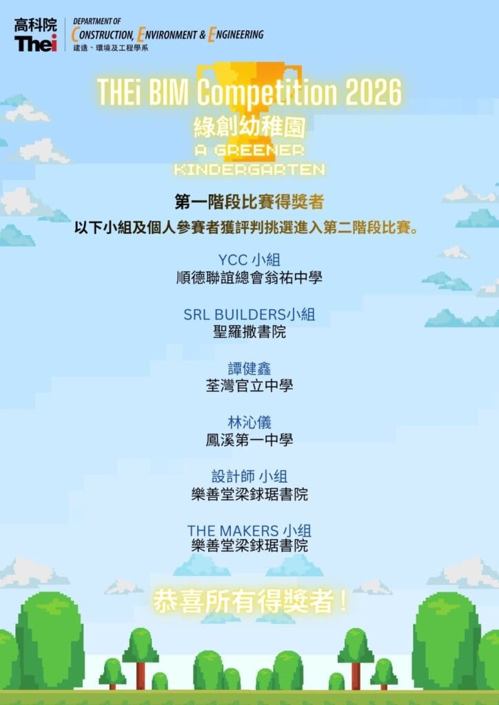 今屆比賽的第一階段比賽已經順利完成。感謝各參賽者/隊伍積極參與，也感謝評判團為我們評審作品。再次恭喜所有得獎者！！ 第一階段比賽得獎者將獲邀進入第二階段比賽，以BIM技術展現他們的「小創意 · 大未來」構思。 我們將會在3月28日舉行BIM工作坊，供第二階段參賽者學習BIM軟件的操作方法。工作坊後我們會再和大家分享工作坊的點滴，敬請期待。